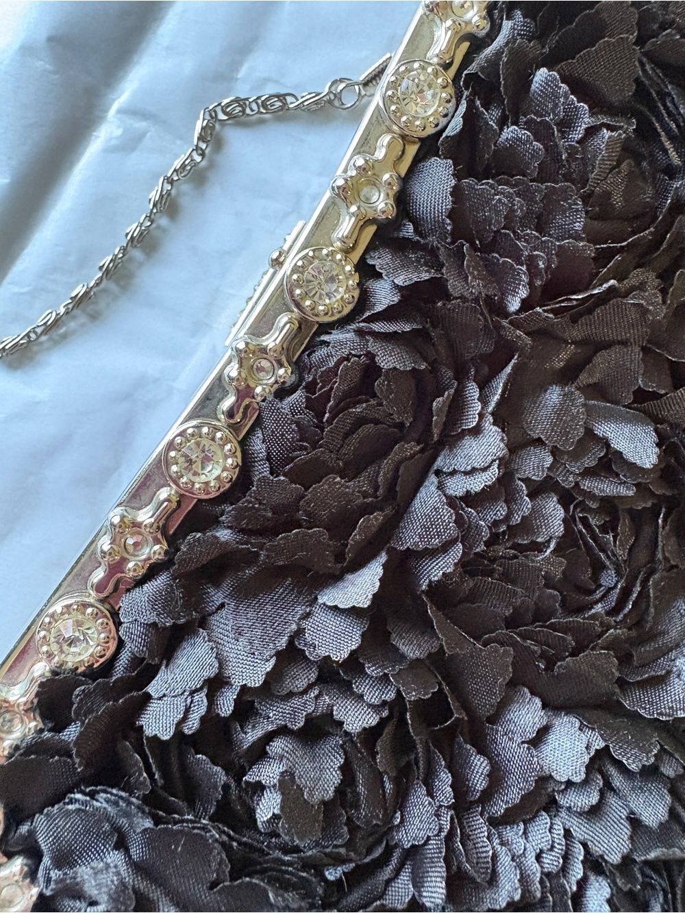 Vintage Inspired Elegant Black Floral Evening Clutch with Rhinestones.
